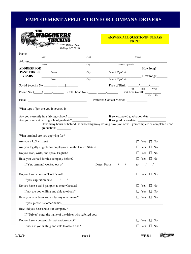  Employment Application for Company Drivers  Waggoners Trucking 2014-2023