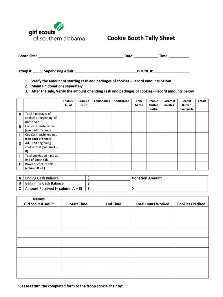 Girl Scout Cookie Tally Sheet  Form