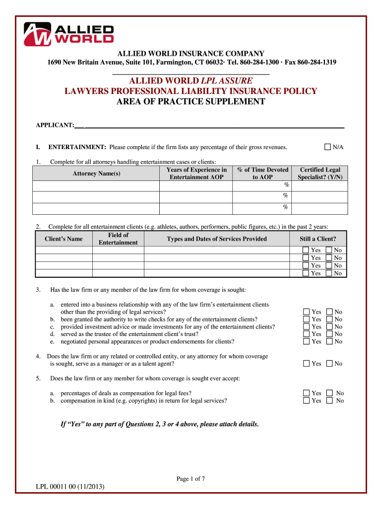 Get and Sign ALLIED WORLD LPL ASSURE LAWYERS PROFESSIONAL LIABILITY 2013-2022 Form