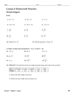 Lesson 5 Homework Practice Divide Integers Answer Key  Form