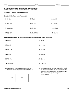 Lesson 8 Skills Practice Factor Linear Expressions Answer Key  Form