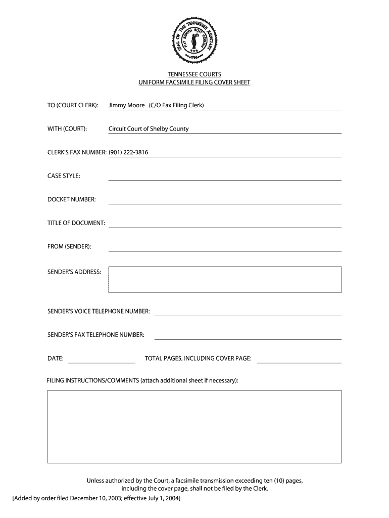  Tennessee Fax Filing Cover Sheet 2004-2024