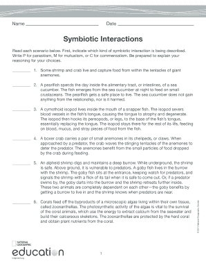 Symbiotic Interactions Worksheet  Form