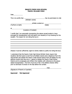 SWARTZ CREEK HIGH SCHOOL TRAVEL RELEASE FORM Swartzcreek