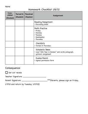 Homework Checklist PDF  Form