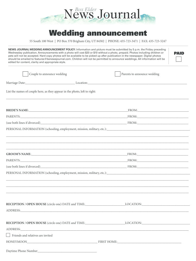 Wedding Announcement  Box Elder News Journal  Form