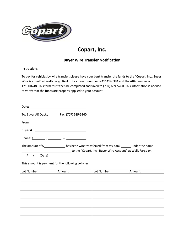 Copart Wire Transfer  Form