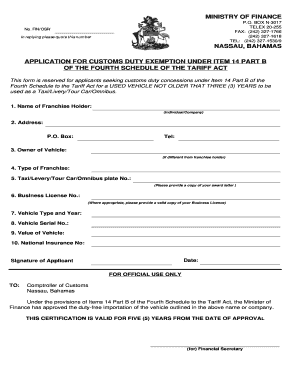 NASSAU BAHAMAS APPLICATION for CUSTOMS DUTY EXEMPTION  Form