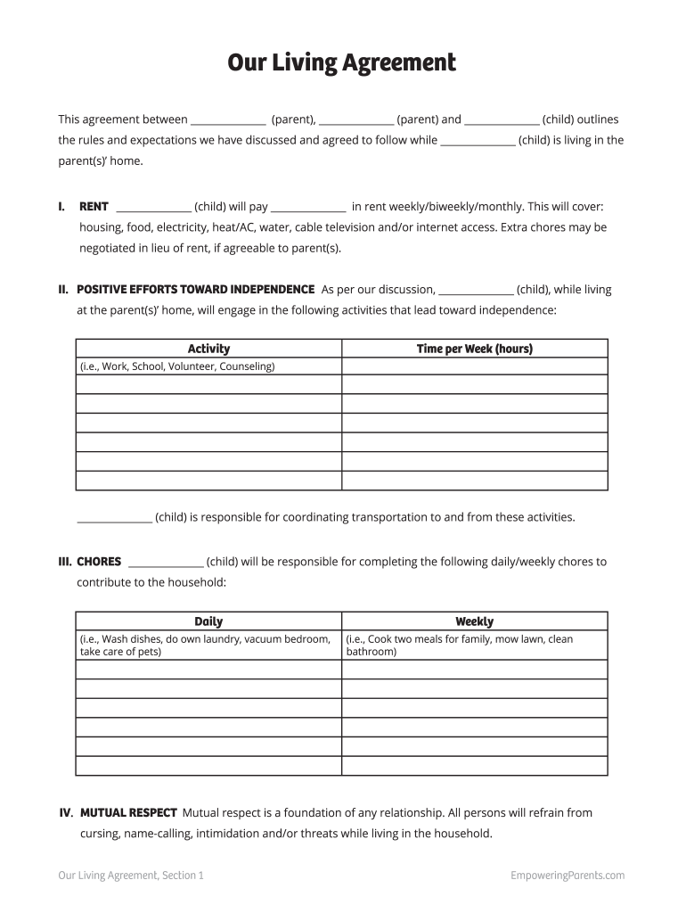 Parents Living Agreement  Form