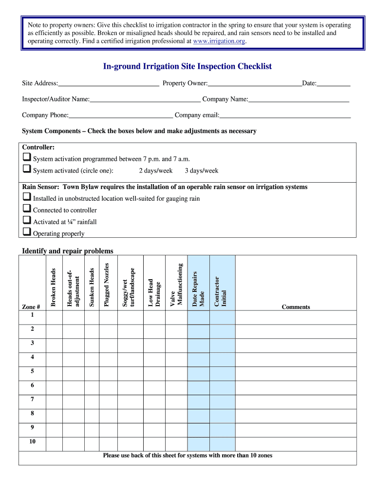 Irrigation Checklist Template  Form
