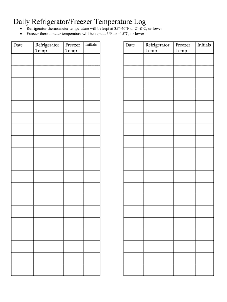 Daily Refrigeratorzer Temperature Log  Form