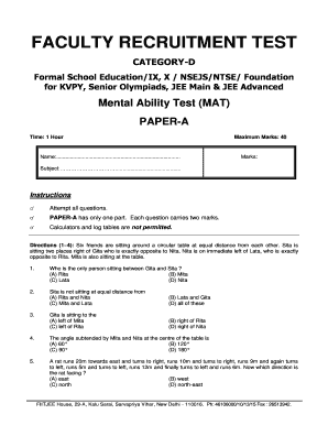 Fiitjee Faculty Recruitment Test Papers  Form