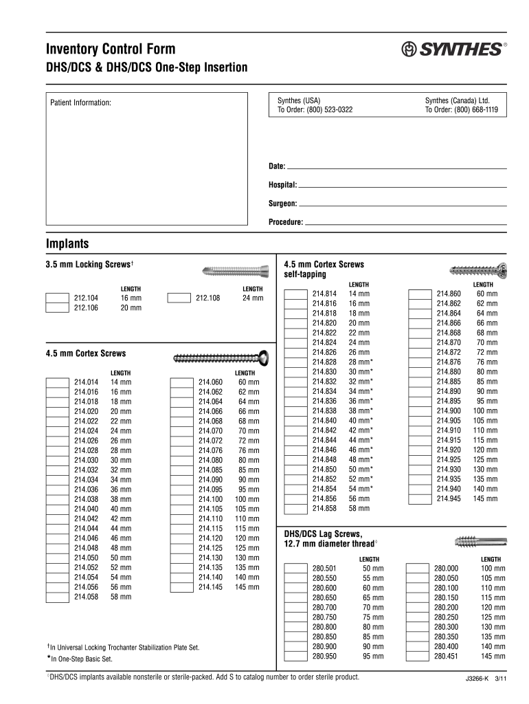  Synthes Dhs Inventory Control Form 2011-2024