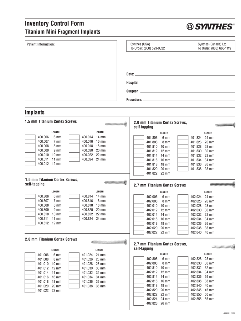 Synthes Titanium Mini Frag Inventory  Form