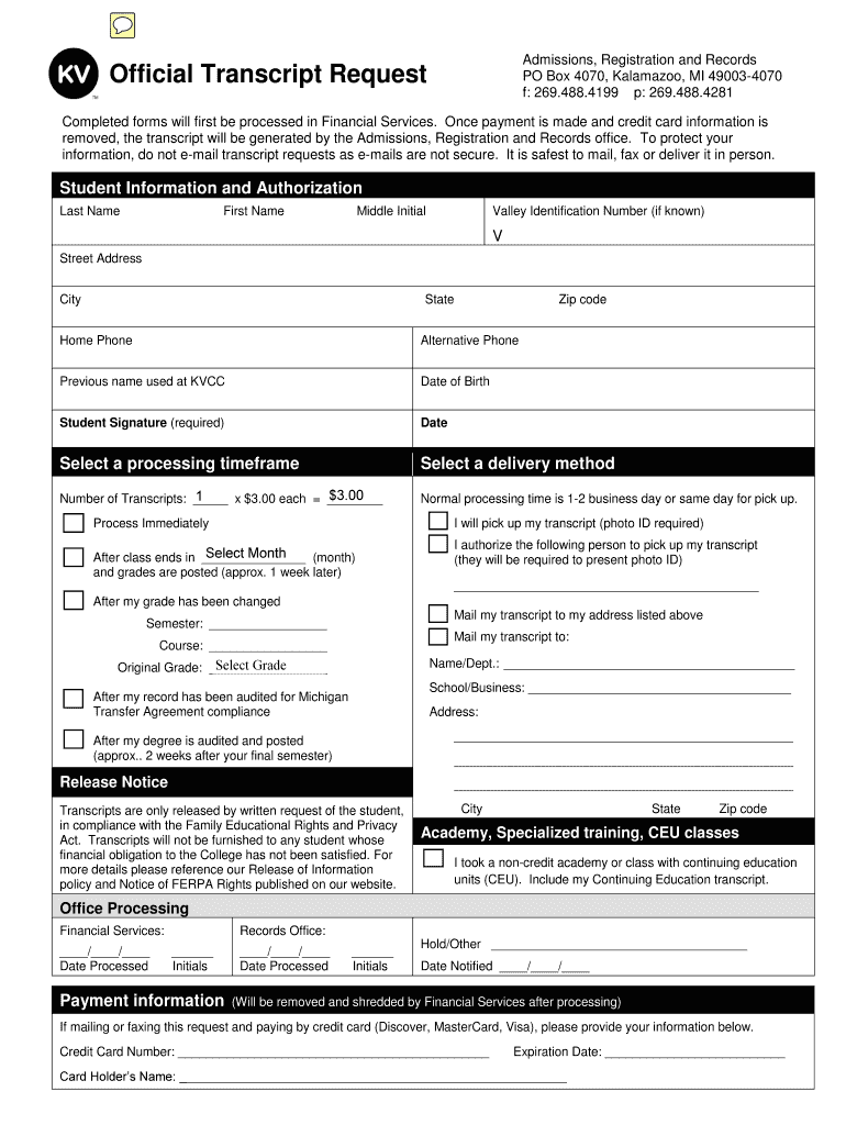 Kalamazoo Valley Community College Transcript  Form