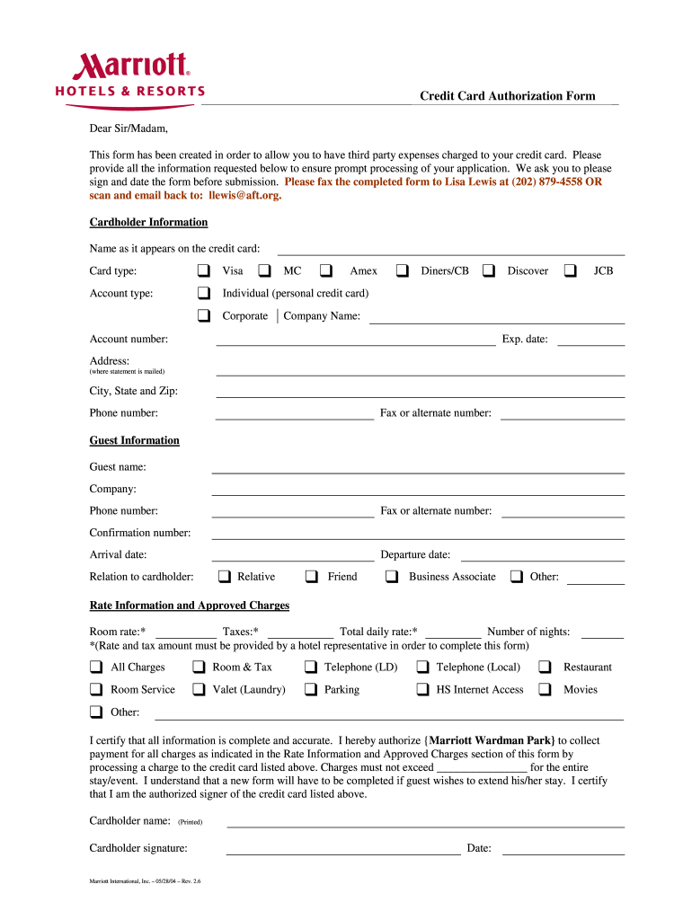 Marriott Credit Card Authorization Form - Fill Out and Sign Printable