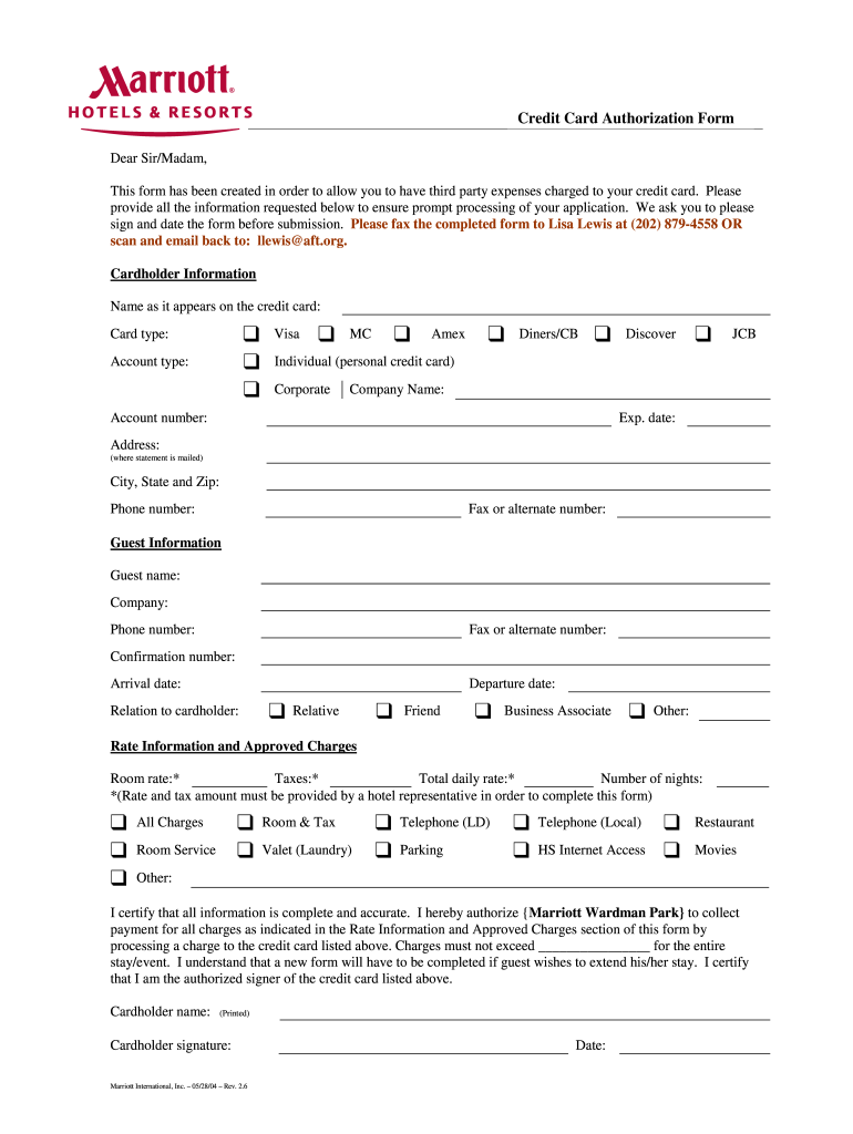 Credit Card Authorization Form Marriott  AFT  Aft