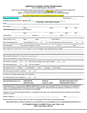 Application for Roadside Assistance Reimbursement for AAA Allied Group Inc Club Code 007 Details of Your Recent Roadside Assista  Form