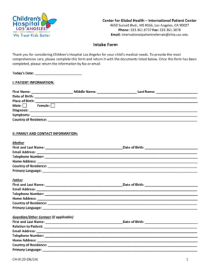  Intake Form Childrens Hospital Los Angeles Chla 2014-2024