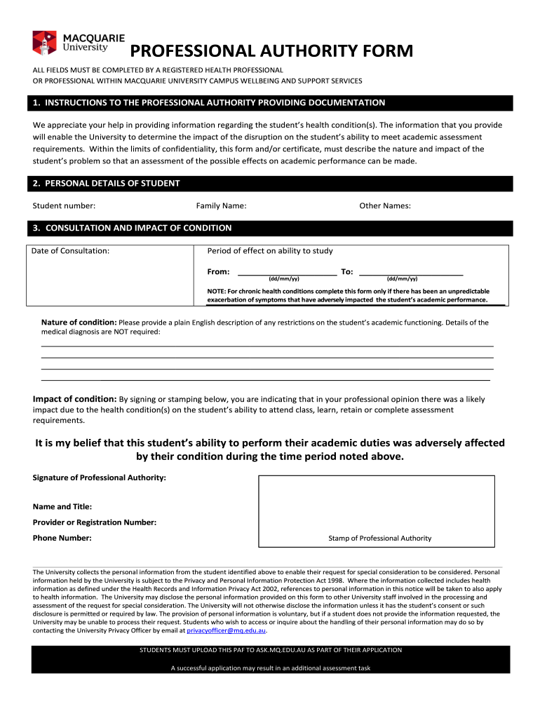 Professional Authority Form