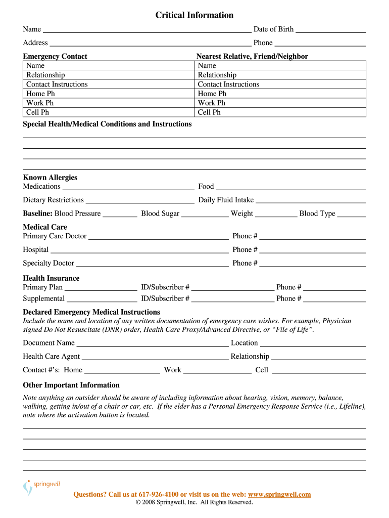 The Caregivers Notebook Springwell  Form