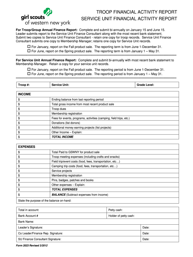  TROOP FINANCIAL ACTIVITY REPORT SERVICE UNIT FINANCIAL Gswny 2012-2024