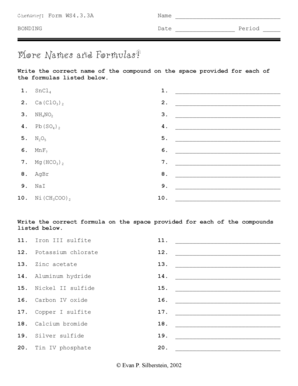 Chemistry Corner Answer Key  Form