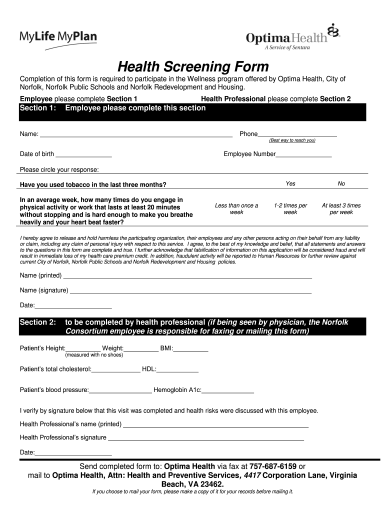 Health Screening Form Optima Health Website