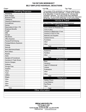 TAX RETURN WORKSHEET SELF EMPLOYED INDIVIDUAL DEDUCTIONS  Form