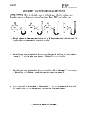 Chemistry Manometers Worksheet Answer Key with Work  Form