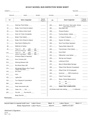 30 DAY SCHOOL BUS INSPECTION WORK SHEET Ncbussafety  Form