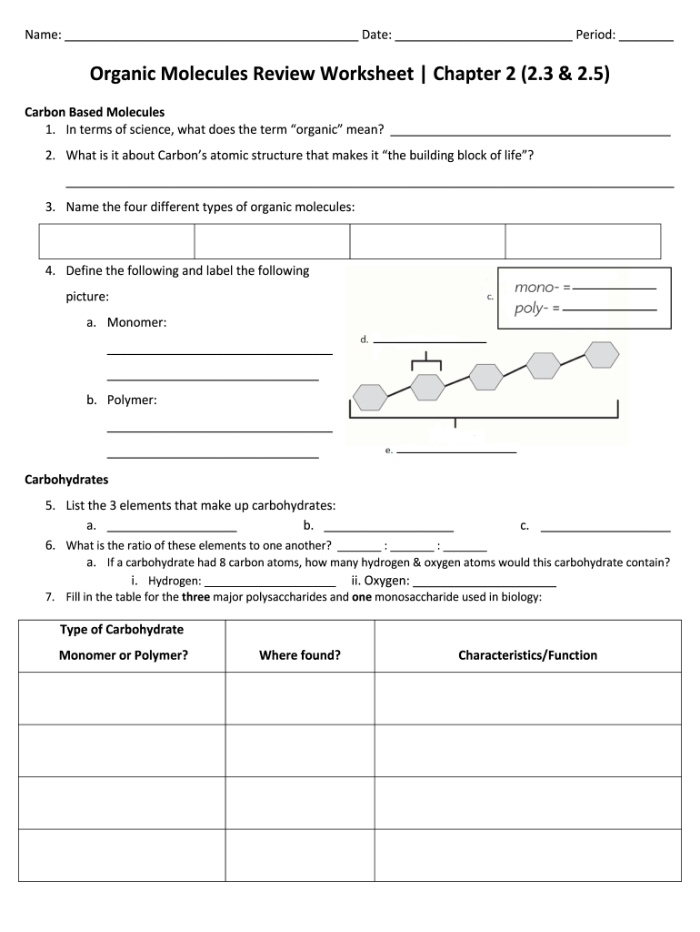 Organic Molecules Review Worksheet  Form