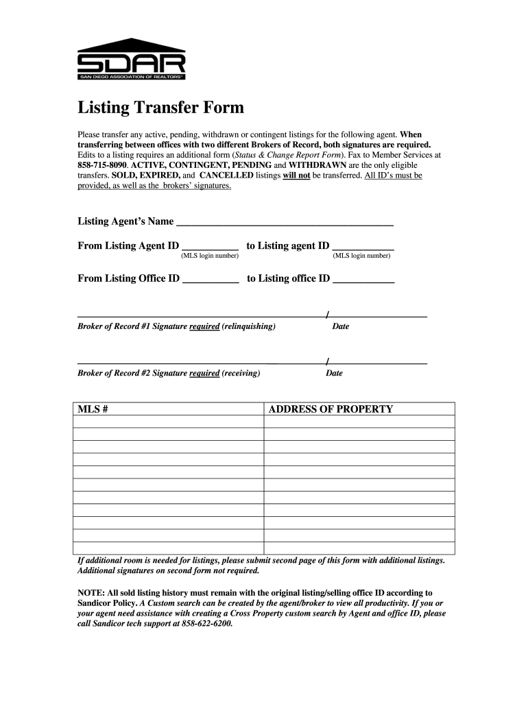 Listing Transfer Form SDAR