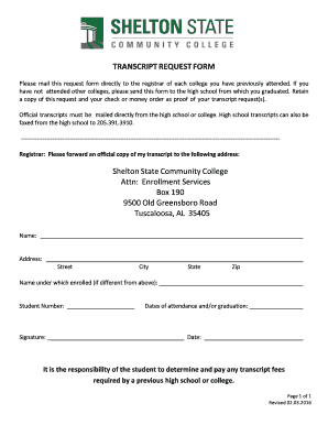  Shelton State Transcript Form 2016-2024