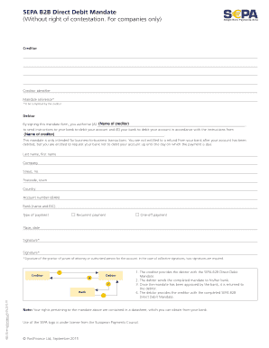 SEPA B2B Direct Debit Mandate Without Right of Contestation for Companies Only Postfinance  Form