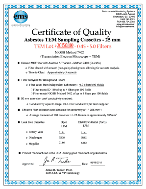 Net Certificate of Quality Asbestos TEM Sampling Cassettes 25 Mm TEM Lot # 20150810 0  Form