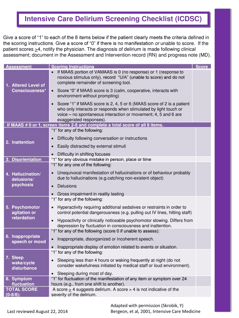 Intensive Care Delirium Screening Checklist ICDSC  Form