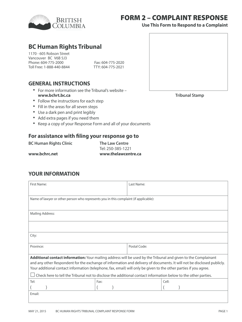 Response to Complaint Form  BC Human Rights Tribunal 2015