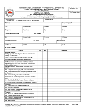Assessment Form for Residential Care Homes, Assisted Living