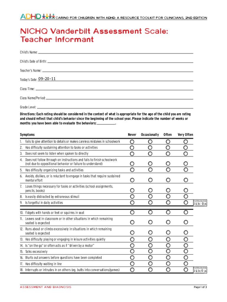 Vanderbilt Teacher Adhd  Form