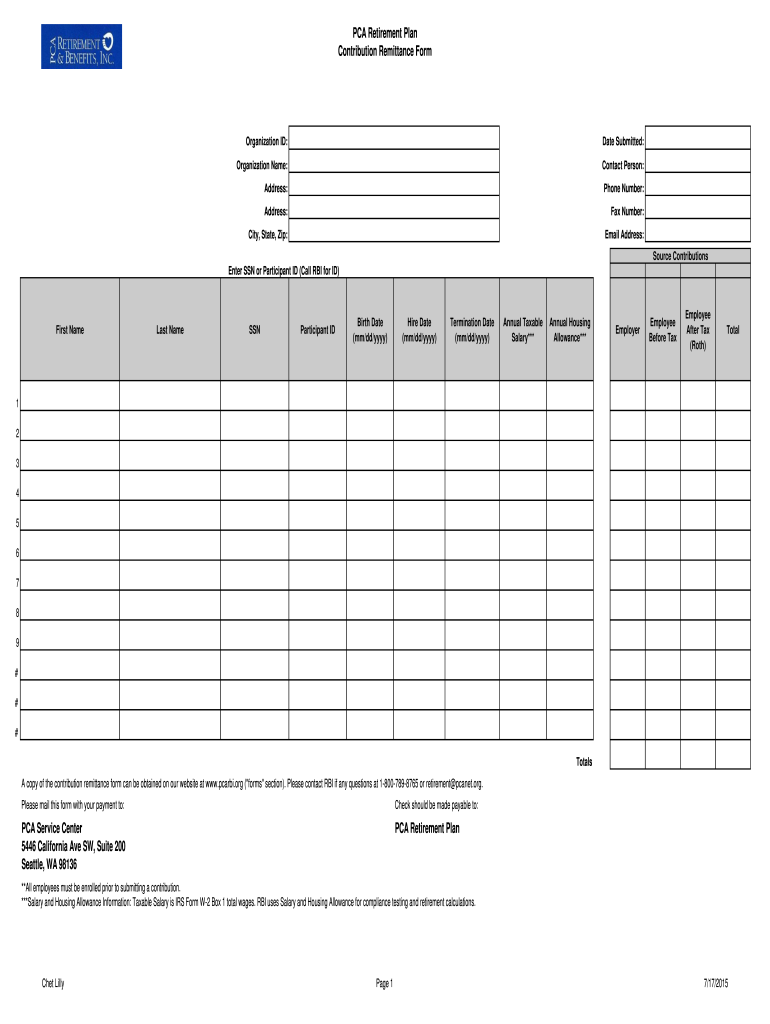  PCA Retirement Plan Contribution Remittance Form  Pcarbi 2015-2024