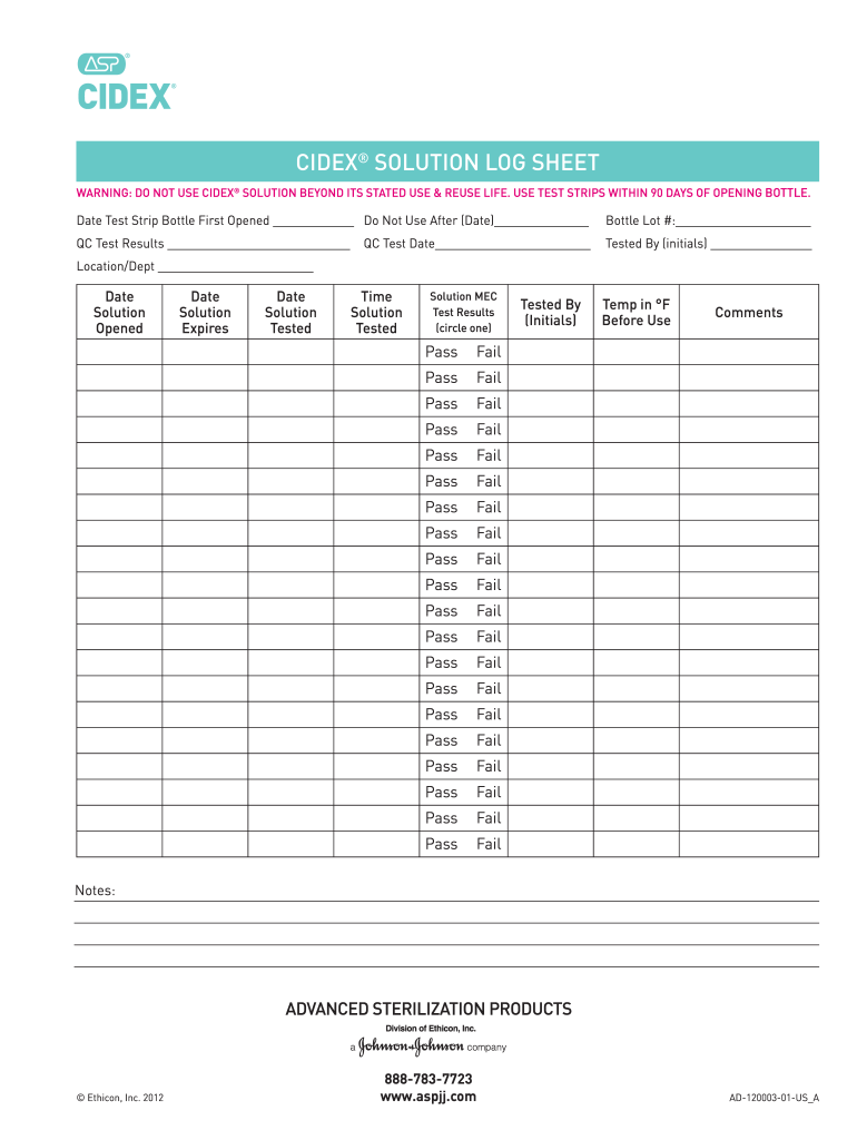 Cidex Opa Test Strip Log Sheet  Form