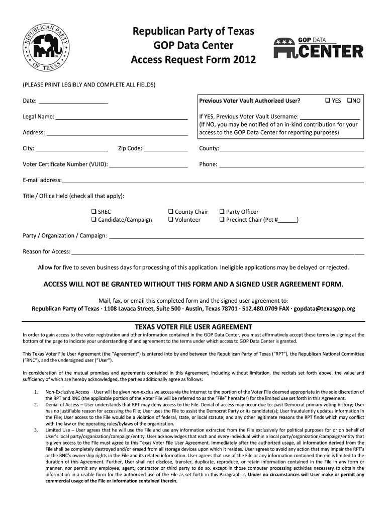  Republican Party of Texas GOP Data Center Access Request Form  Williamsoncountygop 2012