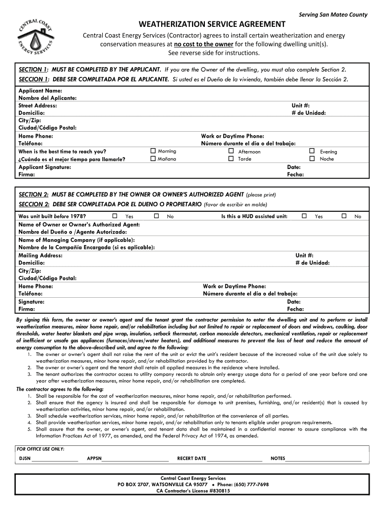 WEATHERIZATION SERVICE AGREEMENT  Benergyservicesorgb  Form