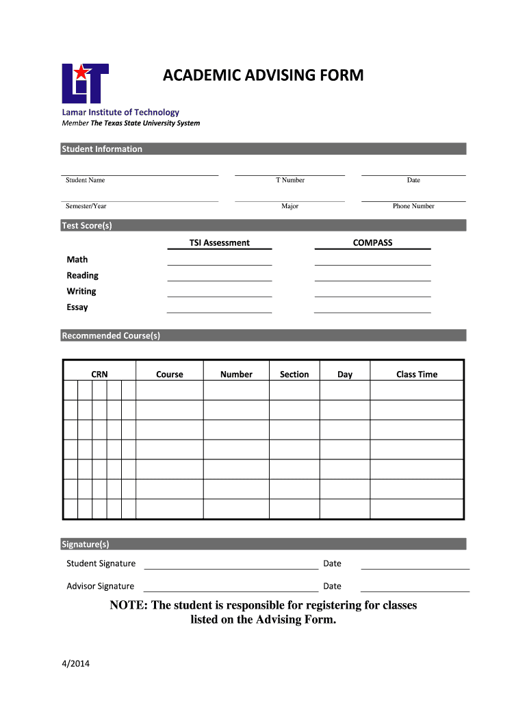  Academic Advising Form Lamar Institute of Technology Lit 2014-2024