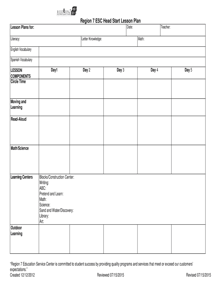 Head Start Lesson Plan Template  Form