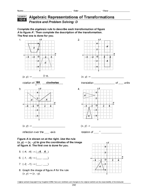 Algebraic Representations of Transformations Worksheet Lesson 9 4 Answer Key