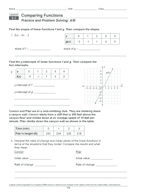 Comparing Functions Practice and Problem Solving a B Answer Key  Form