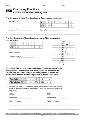 Comparing Functions Practice and Problem Solving a B Answer Key  Form