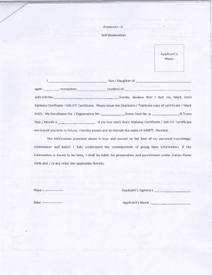 Annexure a Self Declaration for Duplicate Marksheet  Form